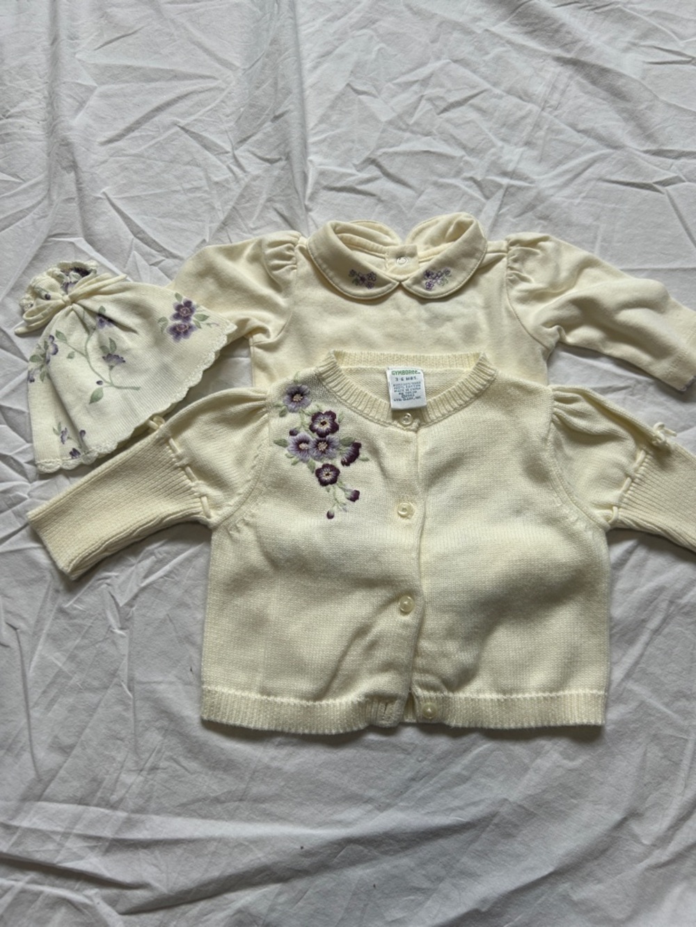 Gymboree 3 piece set Cardigan & Onsie and Hat with Purple Floral Embroidery
